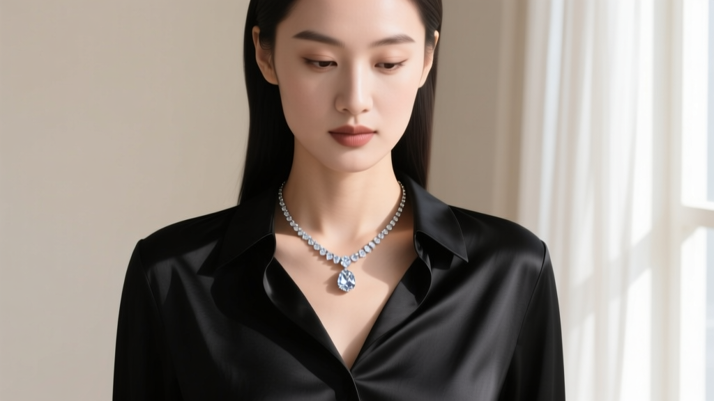 Woman wearing a classic crystal pendant necklace over a black silk blouse, captured in soft natural window lighting from the side