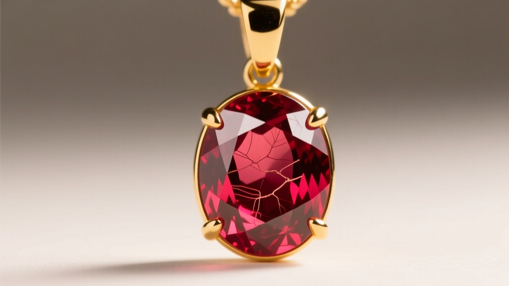 Macro shot of a 1.5ct oval Mozambique ruby in a 14k yellow gold bezel pendant, highlighting silk inclusions and a vivid red hue