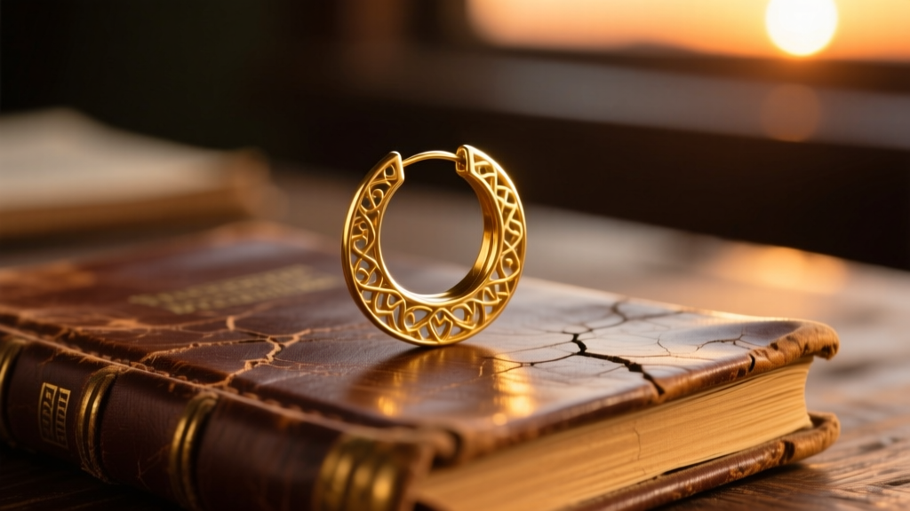 Close-up of a weathered gold hoop earring resting on a worn leather journal, illuminated by warm western sunset lighting.