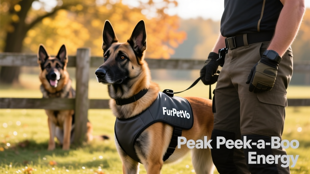 A Belgian Malinois sitting attentively beside a handler during a training session, wearing a FurPetVo-branded vest