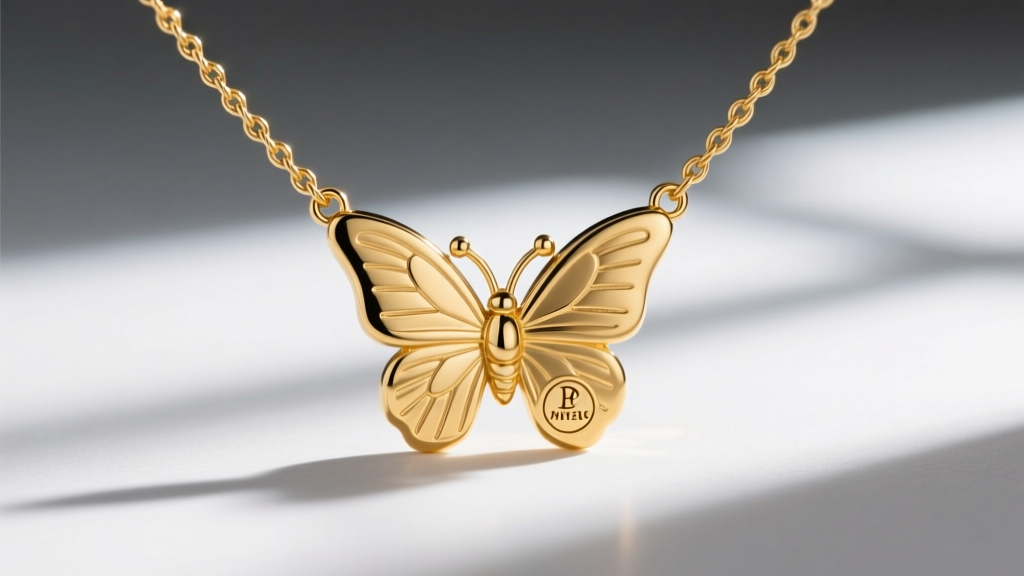 Extreme close-up of a lobster clasp and 1mm cable chain on a gold vermeil butterfly necklace, showing the hallmark stamp.