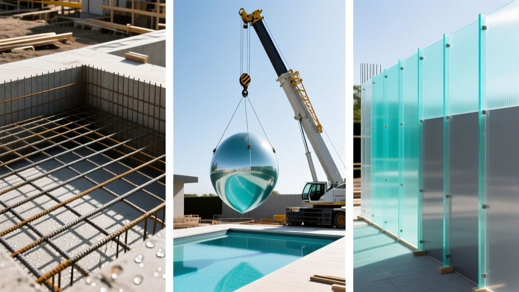 Split backyard view showing steel rebar for concrete, a crane lowering a fiberglass shell, and polymer walls for a vinyl in-ground pool.