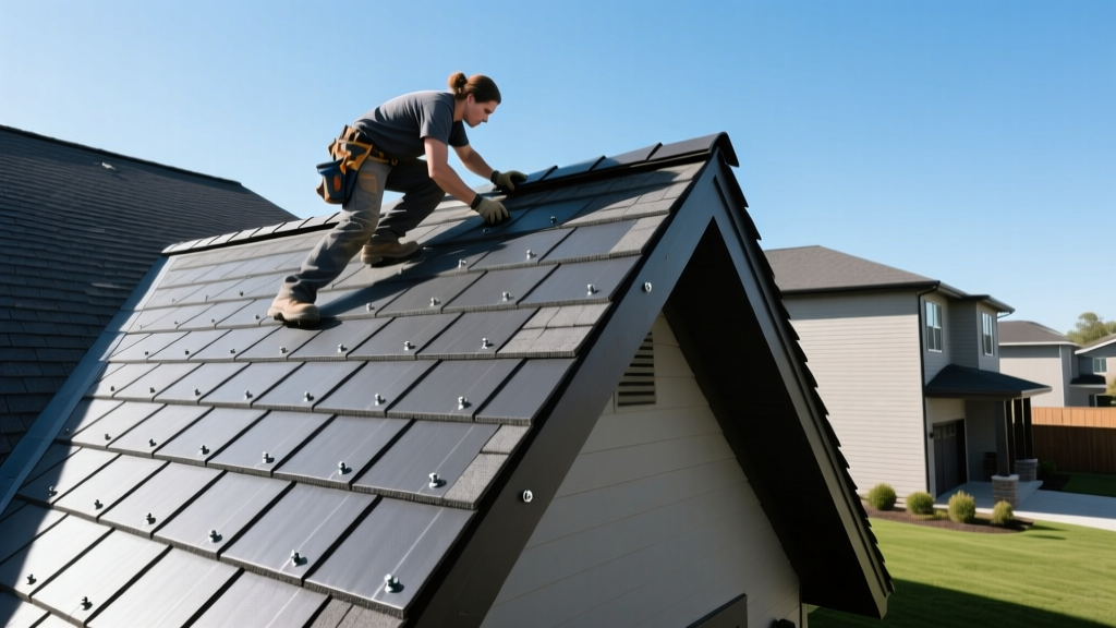 Contractor installing dark gray architectural asphalt shingles over synthetic underlayment on a steep pitched residential roof