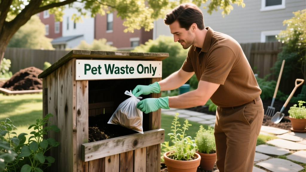 A person wearing gloves carefully placing dog waste into a compost bin labeled 'Pet Waste Only'