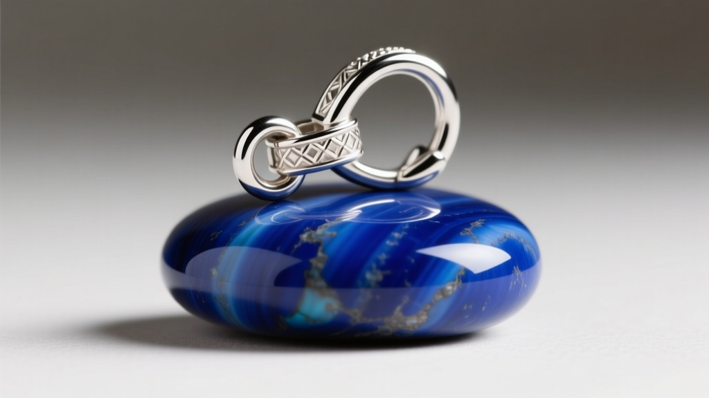 Close-up of a sterling silver hook-on pendant enhancer bail resting on a lapis lazuli stone, showing the hinge mechanism
