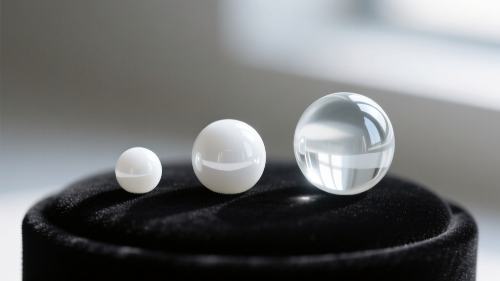 Macro shot comparing 4mm, 8mm, and 12mm white glass beads on a velvet bust, highlighting scale and light reflection differences.
