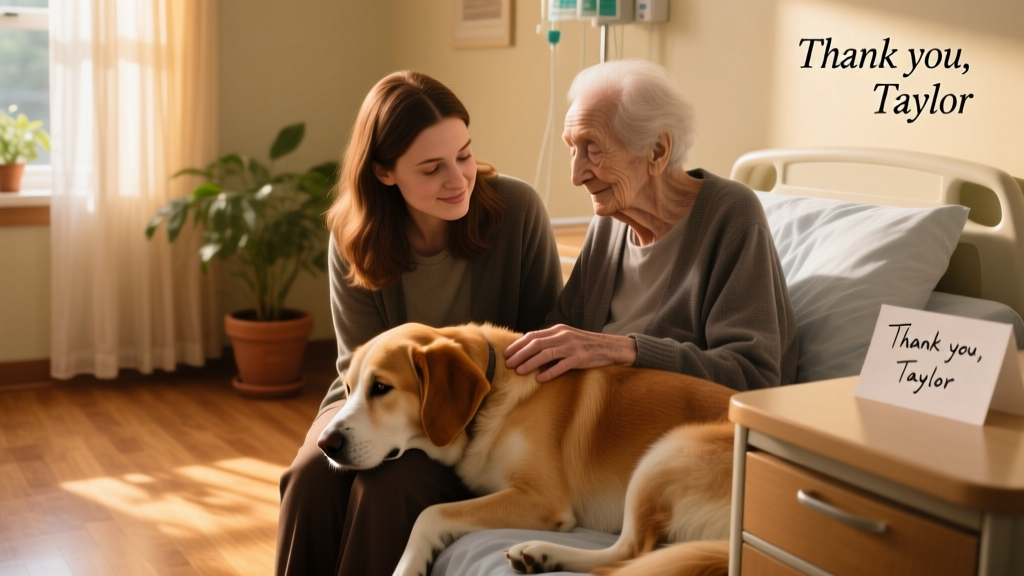 Taylor gently resting her head on a hospice patient's knee during a quiet visit