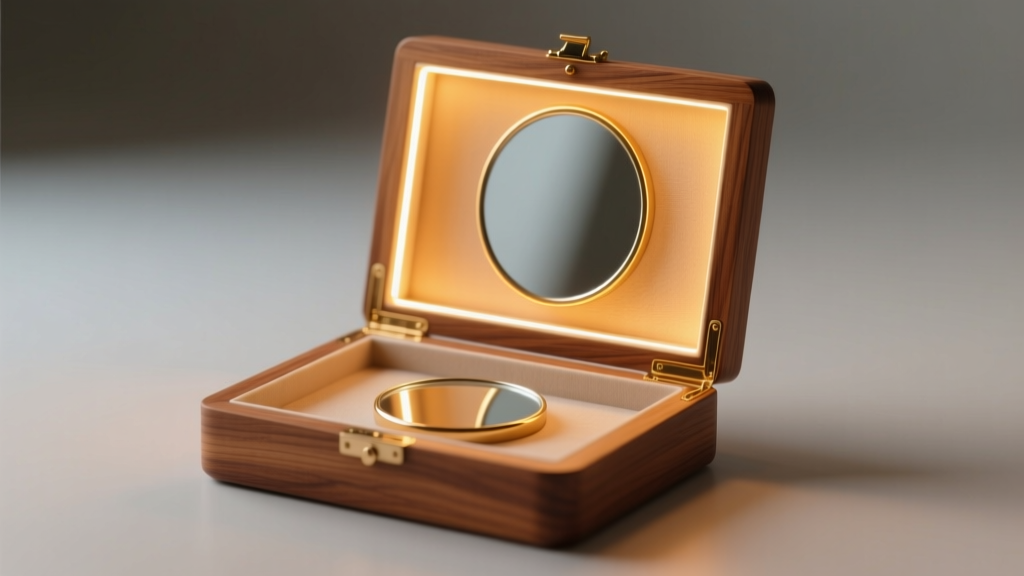Warm LED strip light routed along the wooden frame of a jewelry box lid, illuminating the back edge of a small glass mirror