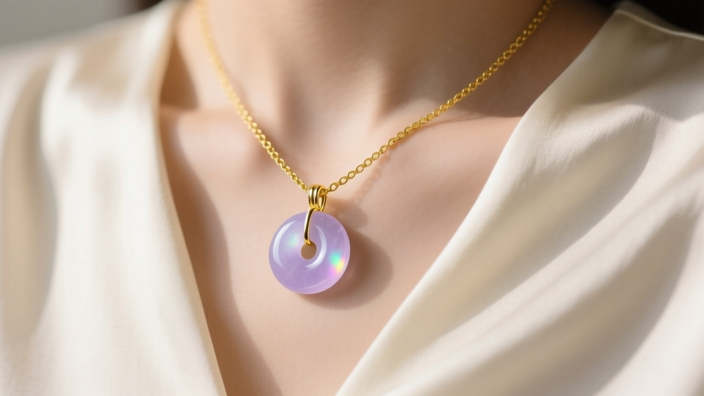A 15mm pale lavender jadeite circle pendant layered with an 18k yellow gold paperclip chain over a cream silk blouse neckline.
