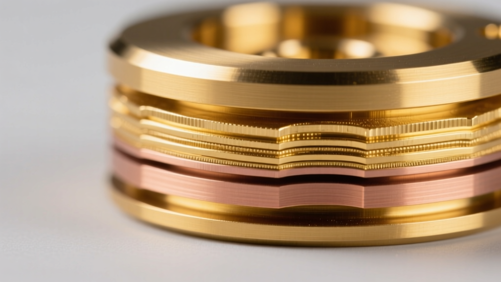 Cross-section macro photo showing layered micron thickness of gold plating over a copper and zinc brass base metal core