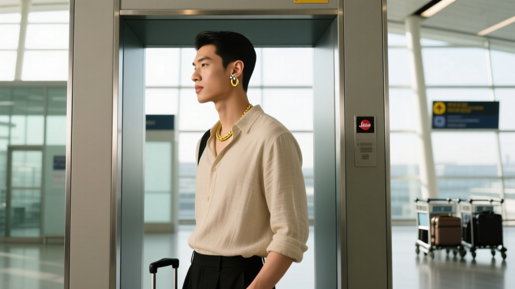 Side profile of a traveler in an airport body scanner wearing delicate 14k gold huggie hoops and a small cartilage stud