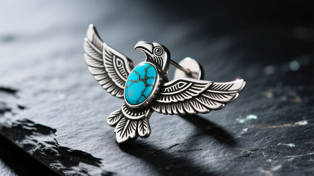 Macro shot of a sterling silver Native American thunderbird earring with stabilized turquoise inlay on a dark slate background