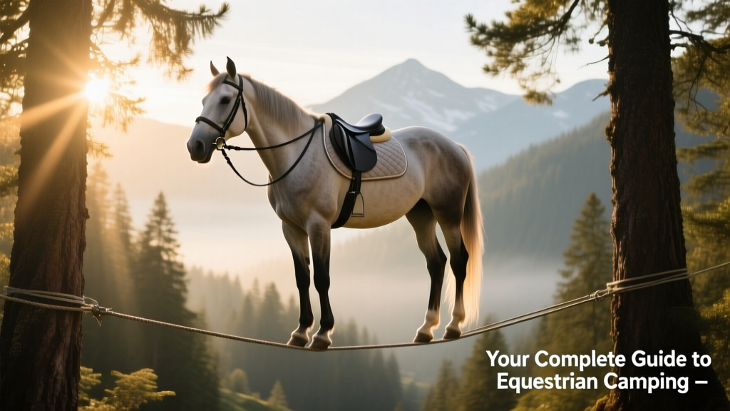 A horse calmly standing on a highline strung between two pines, wearing a lightweight turnout halter and fly mask