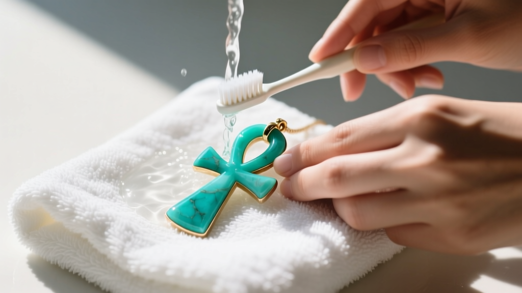 Hands cleaning a turquoise ankh pendant with a soft toothbrush and soapy distilled water over a clean white microfiber towel