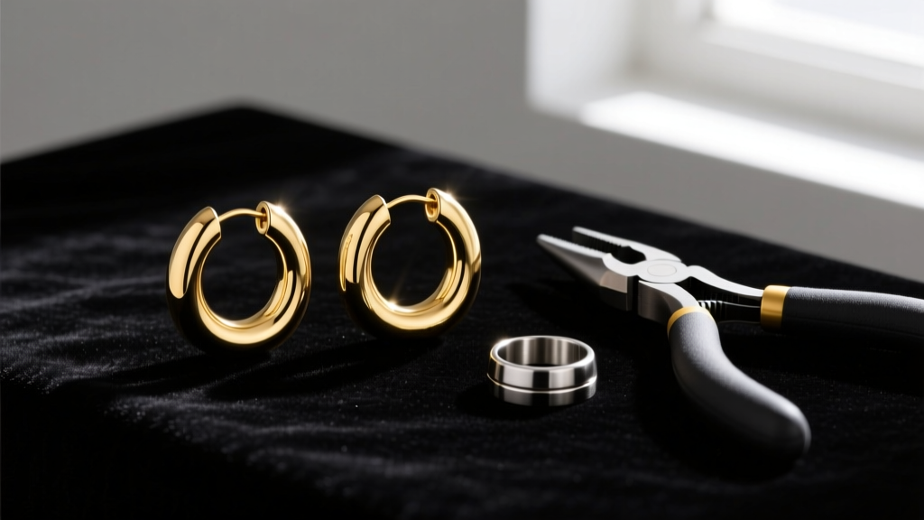 Perfectly round 14k gold-filled continuous hoop earrings resting on black velvet next to a steel ring mandrel and nylon pliers.