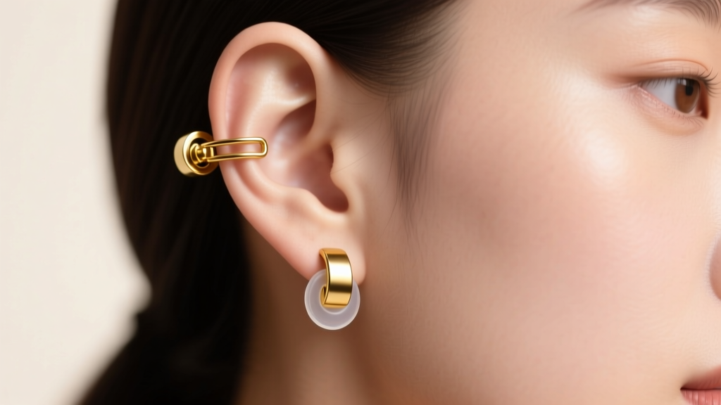 Side profile of an unpierced ear wearing a gold magnetic clip-on earring with a neodymium magnet and clear silicone pad.