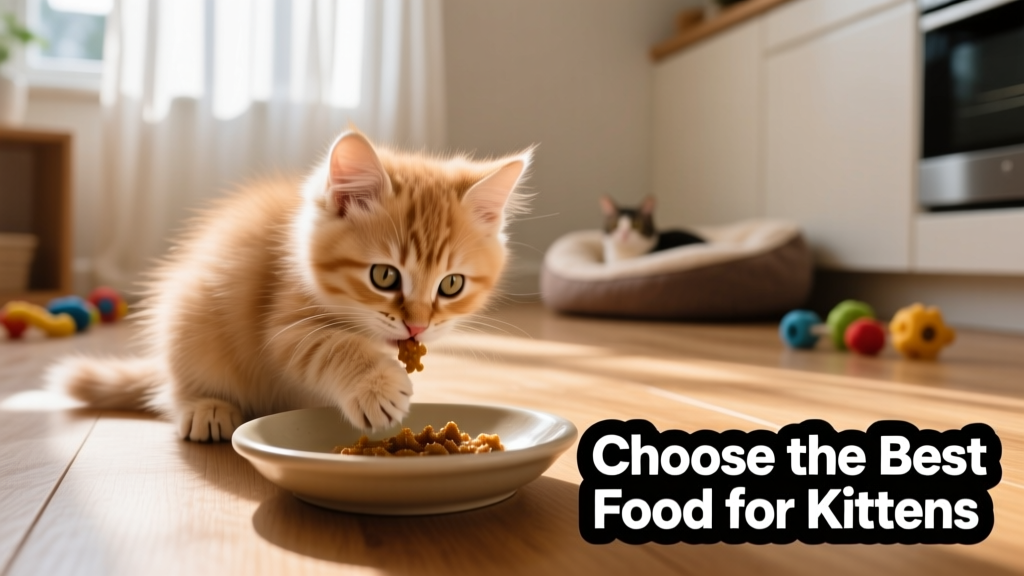 Furry tan kitten eating soft food from a shallow dish