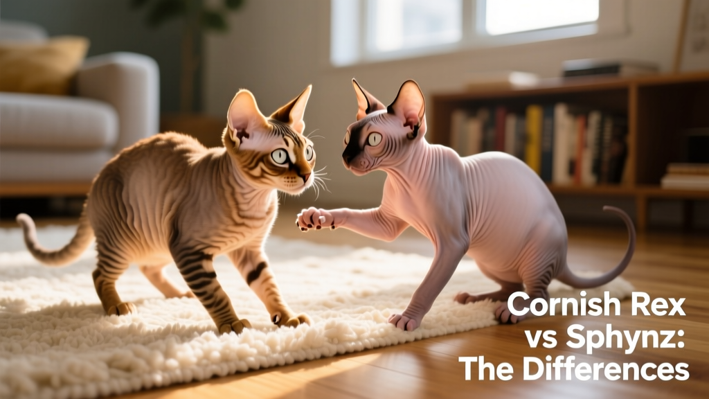 Cornish Rex and Sphynx kittens playing together on a cozy rug, highlighting their contrasting textures and expressive faces