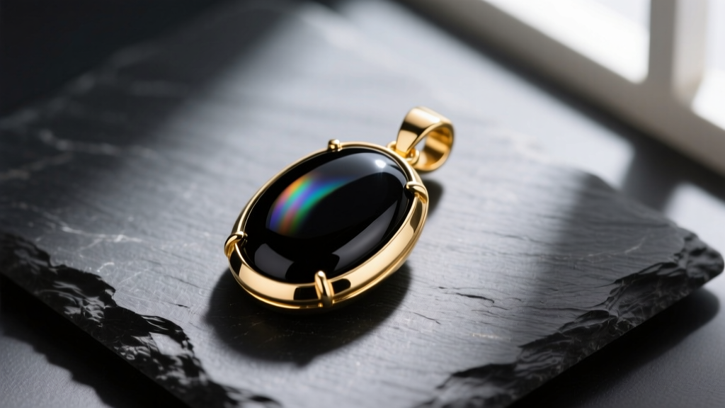 Macro shot of a polished black onyx pendant in 14k gold on dark slate, highlighting its glassy luster and sharp bezel.