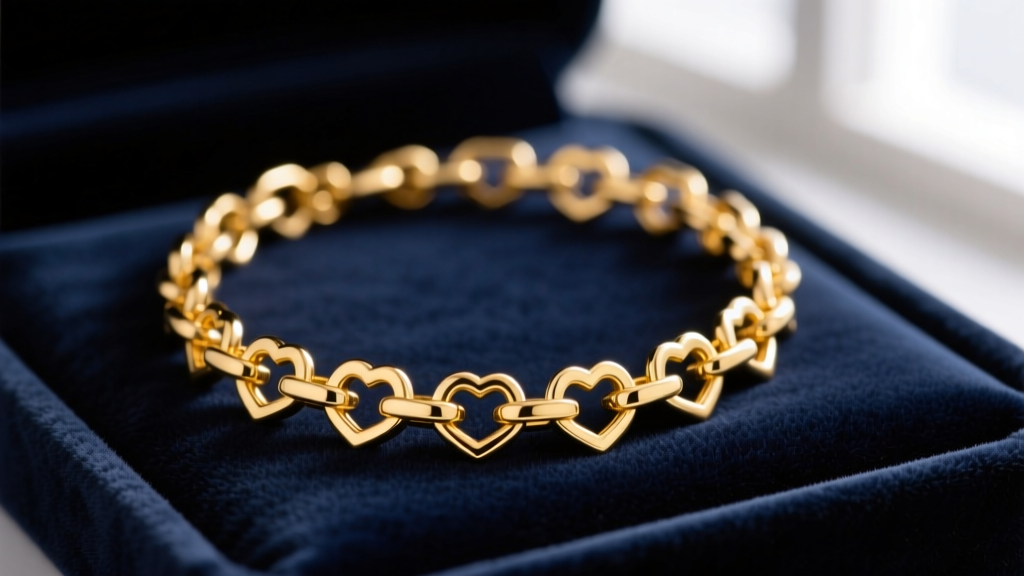 Close-up of a polished 14k yellow gold heart link chain necklace resting on dark velvet, highlighting the soldered link joints.