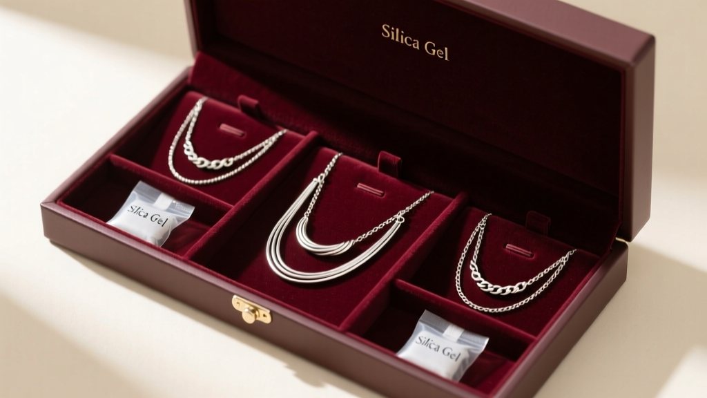 Anti-tarnish jewelry box with velvet compartments, holding neatly coiled silver necklaces and small silica gel desiccant packets.