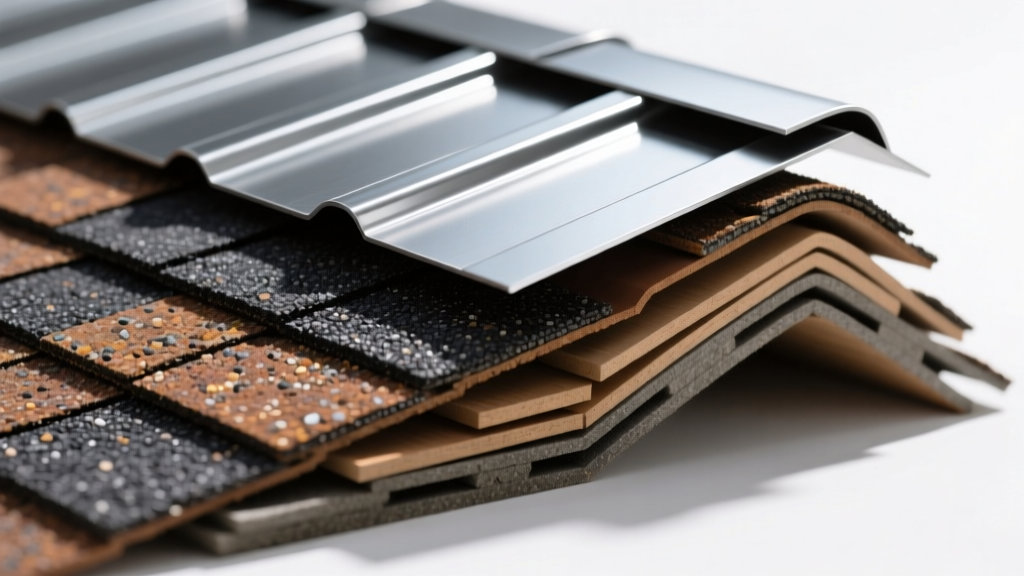Cross-section of layered asphalt shingles and standing seam metal panels highlighting granular surfaces and protective metallic coatings