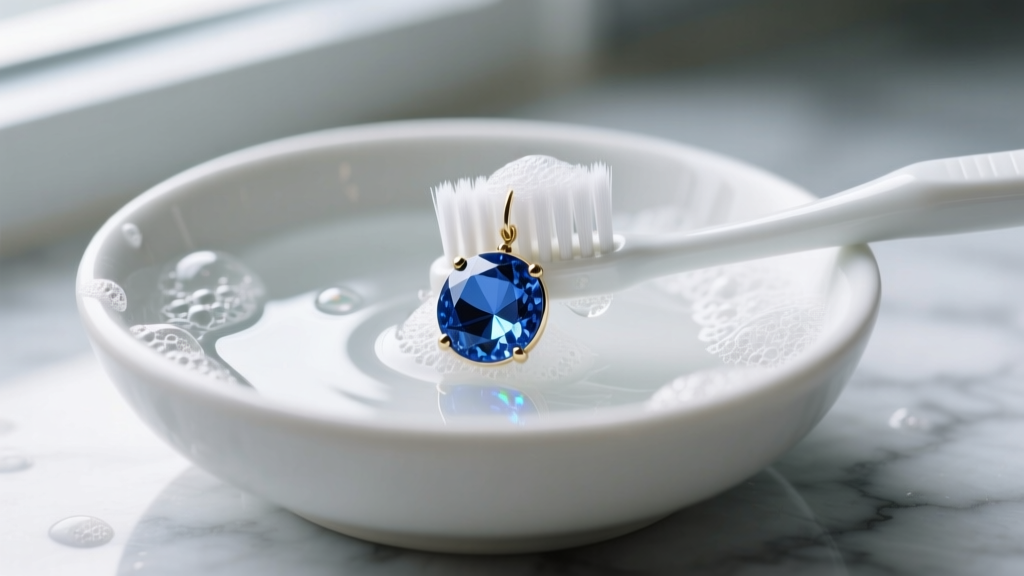 Soft-bristled toothbrush gently scrubbing a round cornflower blue Montana sapphire earring in a ceramic bowl of soapy water.