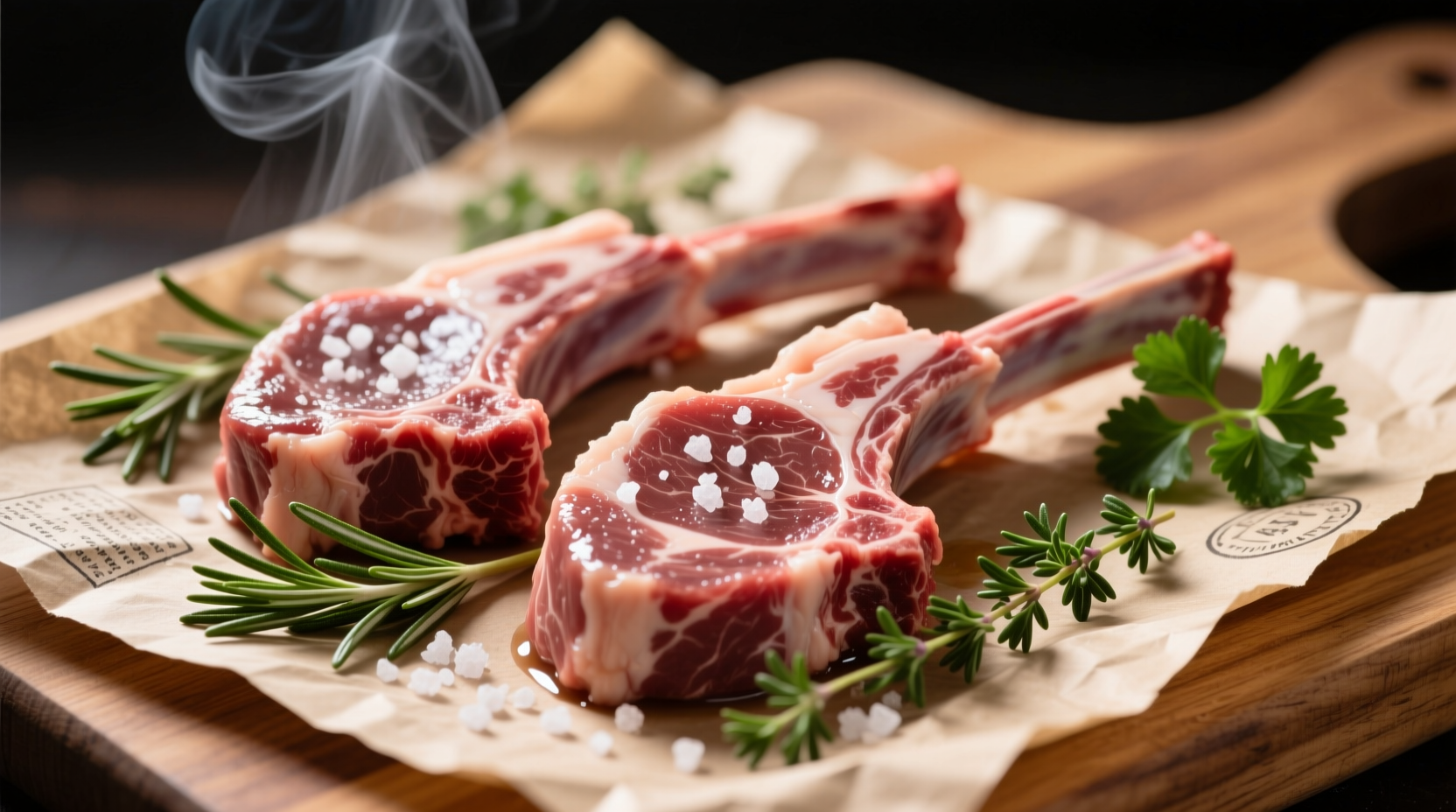 Raw lamb chops on butcher paper with herbs