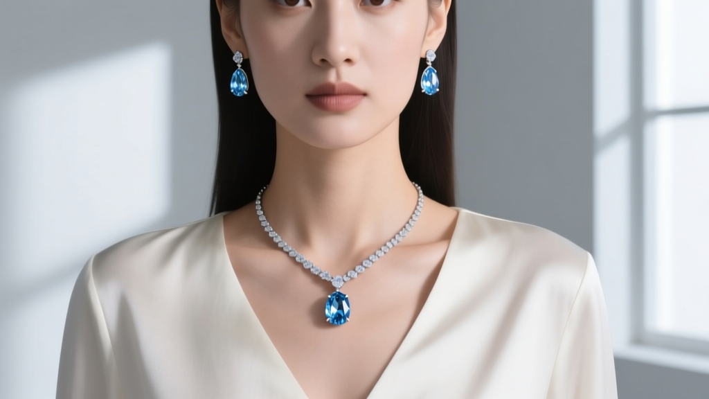 Close-up of a woman wearing the 10376 blue ice necklace and drop earrings, showing how the jewelry complements a v-neckline