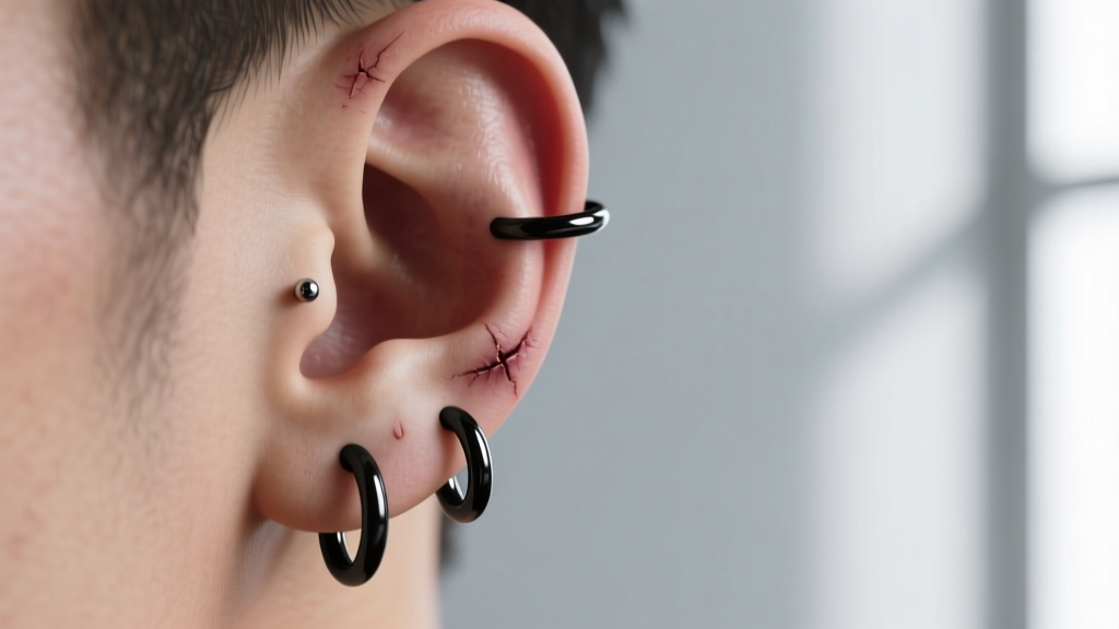 Macro photo showing correct eight millimeter spacing between two healed male lobe piercings wearing minimalist black steel hoops.