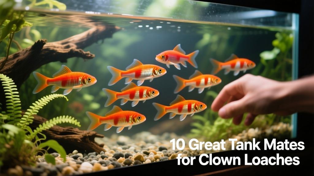 A group of vibrant clown loaches swimming together in a planted aquarium with soft lighting