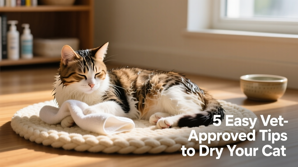 A calm, towel-dried cat sitting on a soft mat, looking relaxed after a bath