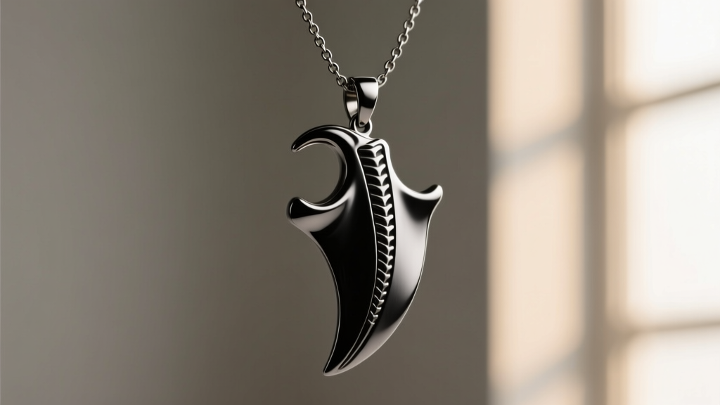 Macro shot of a matte black stainless steel scapula pendant on a box chain, clearly showing the coracoid process and spine ridge
