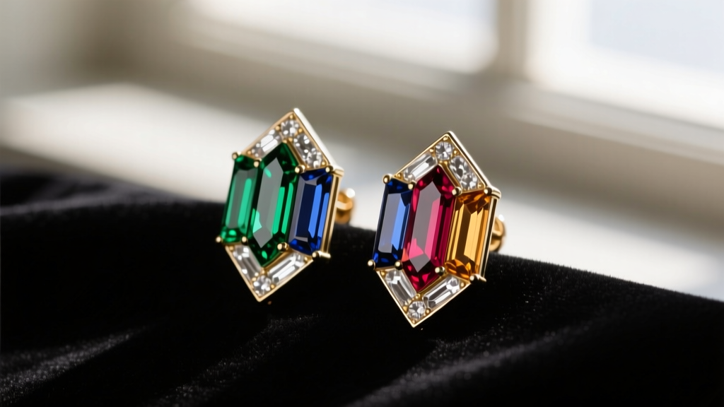 Macro shot of 1930s Art Deco vintage rhinestone earrings with geometric baguette cuts and foil backing resting on dark velvet.
