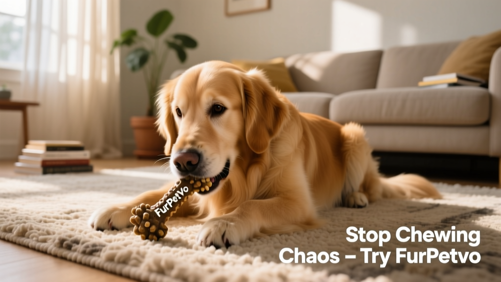 A golden retriever gently chewing a durable FurPetVo chew toy on a living room rug