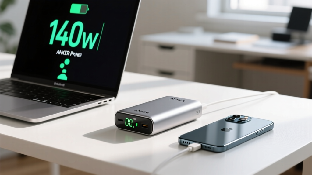 Close up of Anker Prime power bank digital display showing 140W output charging a MacBook Pro and iPhone simultaneously on a desk