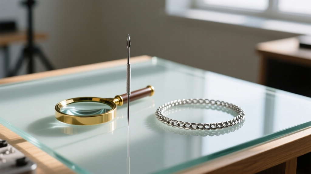 Top-down view of a workbench with a glass surface, steel needle, and a loupe resting beside a delicate silver herringbone chain.