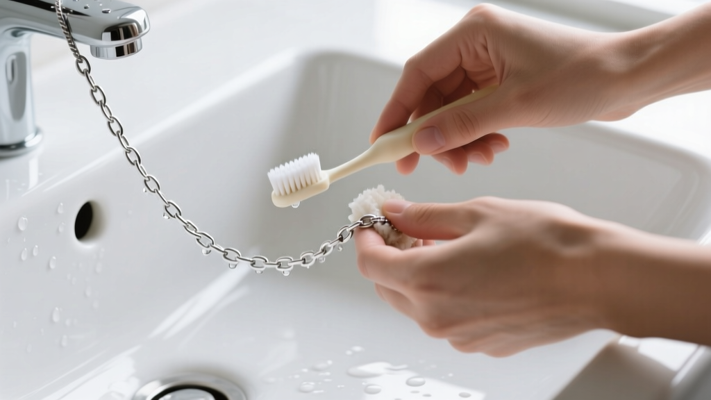Hands using an extra-soft baby toothbrush to gently scrub a platinum cable chain necklace over a white ceramic sink basin.
