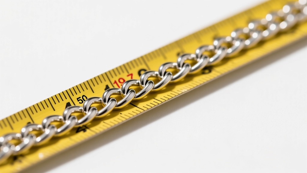 Macro shot of a 50 cm sterling silver curb chain on a yellow measuring tape showing the 19.7 inch mark in bright studio light.