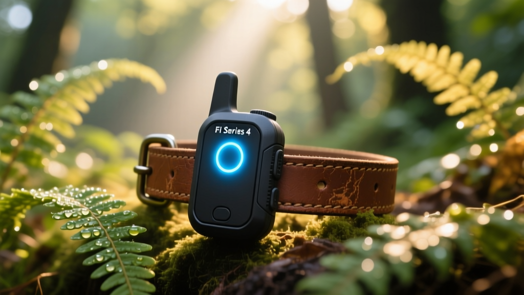 Close-up of a rugged Fi Series 4 GPS pet tracker attached to a leather collar, displaying a glowing LED status light against outdoor foliage.