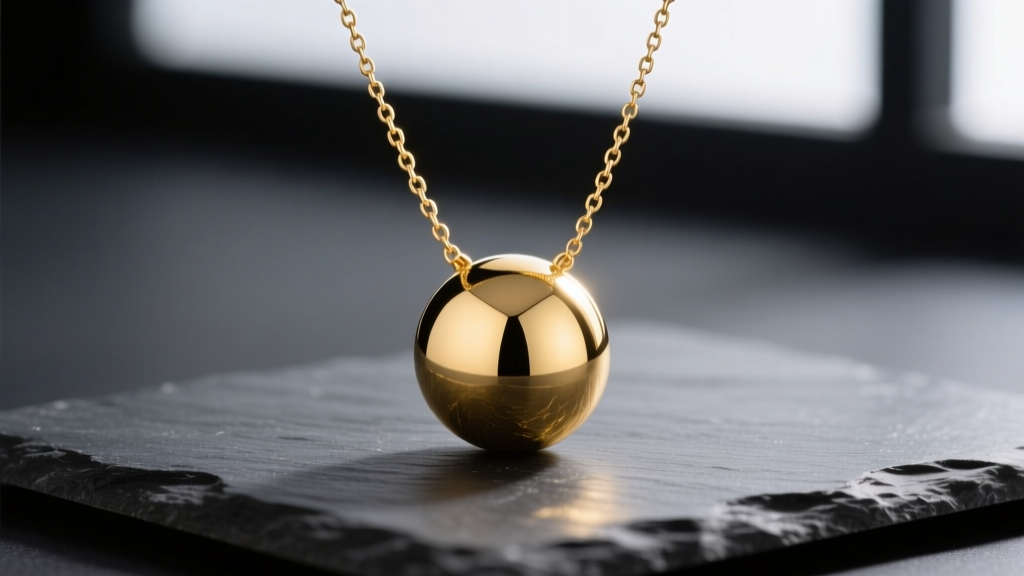 Polished 18k yellow gold orb necklace resting on dark slate, highlighting spherical reflections and a delicate 1.5mm box chain.