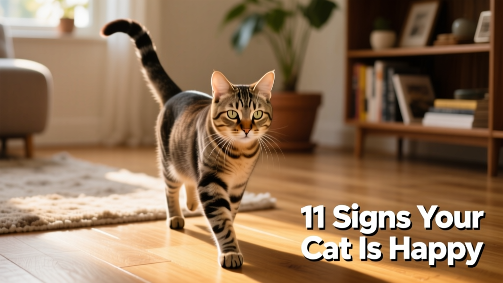 A cat walking confidently with tail held high and gently swaying