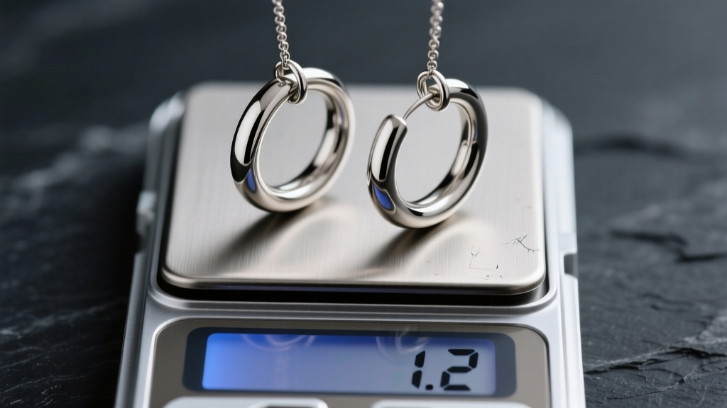 Digital jewelry scale weighing a pair of hollow stainless steel huggie hoops, showing 1.2 grams against a dark slate background