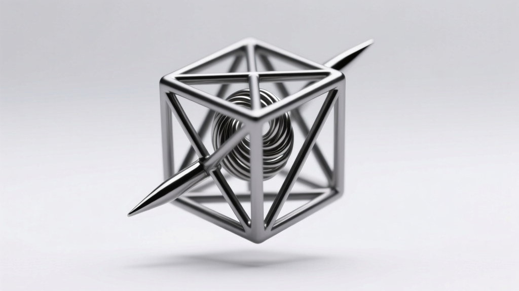 16g titanium wireframe cube on helix piercing, highlighting skeletal design, sharp lines, and a matte gray metal finish.