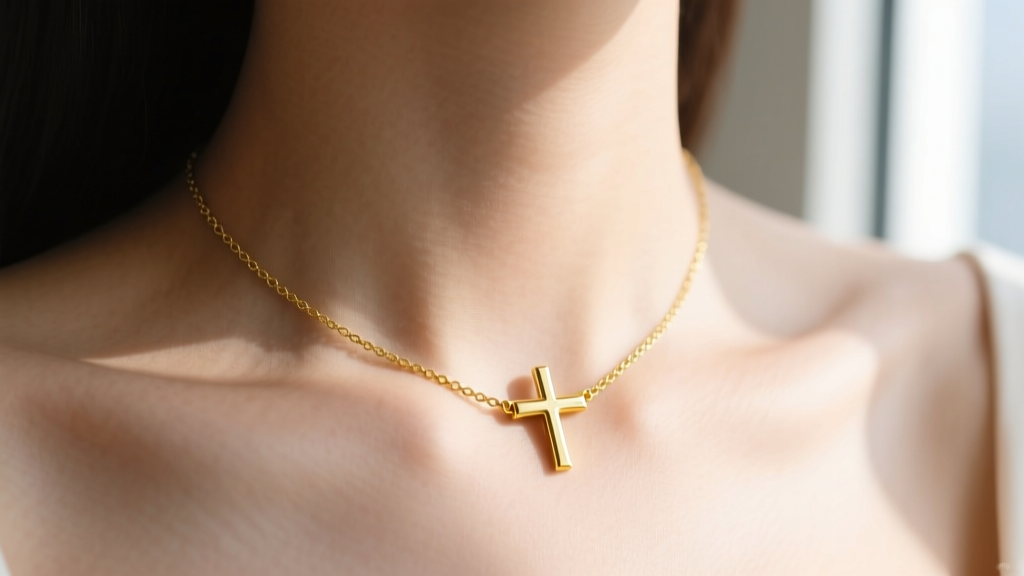 Close-up of collarbone with 14k yellow gold side cross necklace resting horizontally, soft natural window lighting, elegant mood.