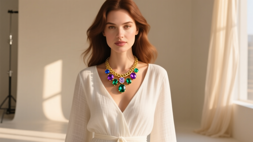 Woman wearing a multi color gemstone necklace over a white linen top, highlighting bright stones and gold chains in warm sunlight