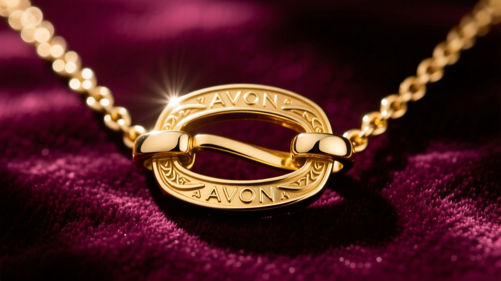 Close-up of a vintage 1970s Avon gold-tone necklace clasp showing maker marks on dark velvet under bright jewelry loupe lighting