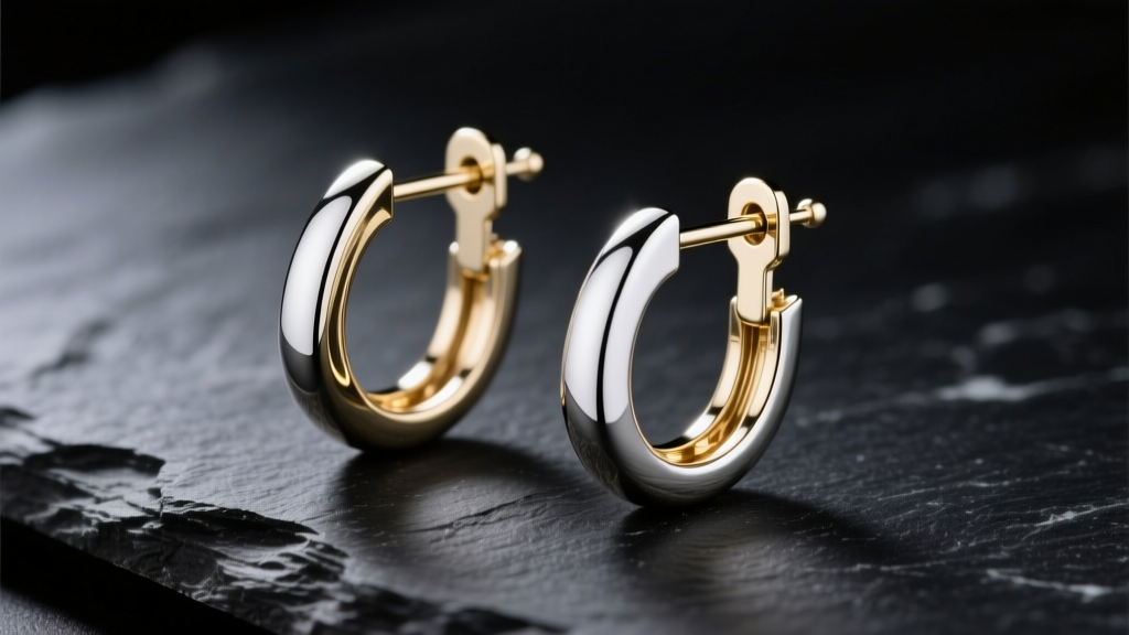 Macro shot of 18k white gold leverback earrings with a hinged wire closure, resting on dark slate under soft studio lighting