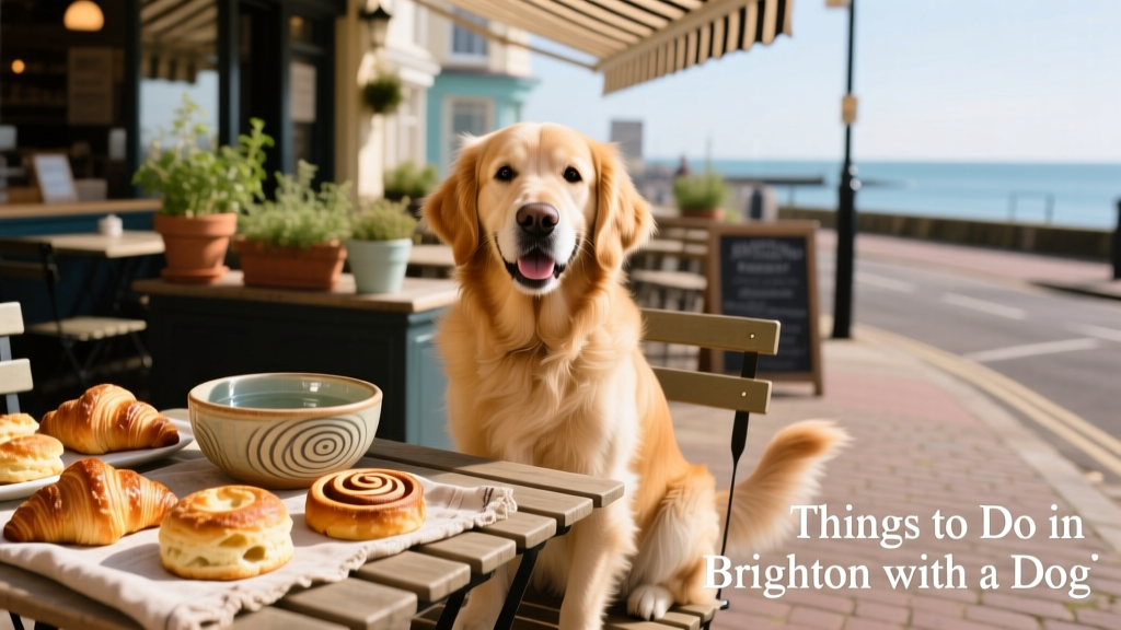 A cheerful dog sitting beside a sunlit cafe table with a ceramic water bowl and pastries on display