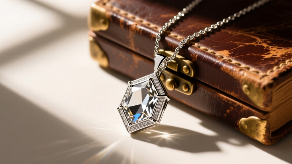 Art Deco rock crystal pendant on a platinum chain beside a vintage leather box, top-down view in warm natural window sunlight.